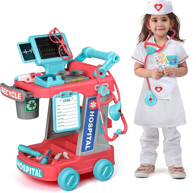 Liberry Doctor Kit for Toddlers Aged 2 3 4 5, Pretend Doctor Playset for Kids with Cart, Costume and Stethoscope, Role Play Medical Toy for Girls Boys (Red)