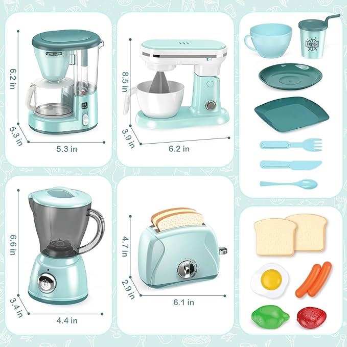 Shemira Play Kitchen Accessories, Pretend Kitchen Appliances Toy Set with Coffee Maker, Blender, Mixer, Toaster, Toys for 3 4 5 6 7 8 Year Old, Birthday Gifts for Kids Age 3-5 4-6 6-8 Girls