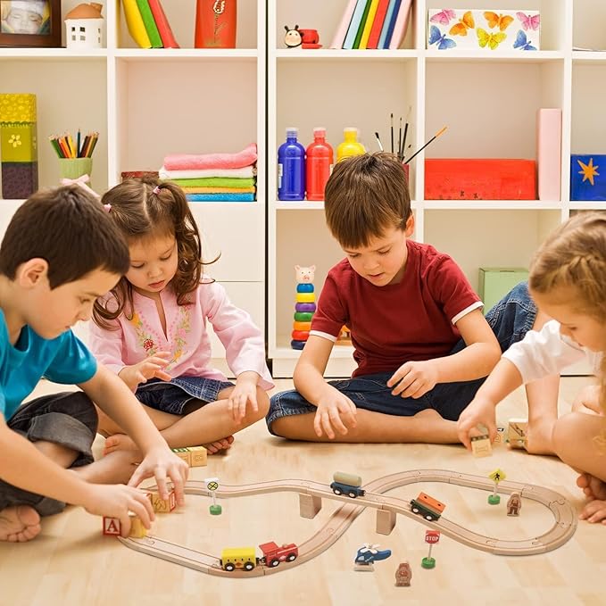 Wooden Train Set,39 Pcs-with All-Wood Train Tracks with Double Sided Wooden Tracks and Color Box for 3+ Year Old Boys and Girls Toddler-Fits Thomas Brio Melissa and Doug⦠(39PC)