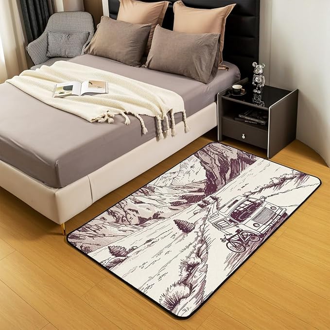 Erosebridal Hand Drawn RV Area Rug 3x5 Cartoon Camper Car Rug for Adults Kids Retro Mountain Bike Carpet Family Students Camping Travelling Bedroom Non Slip Decorative Rug
