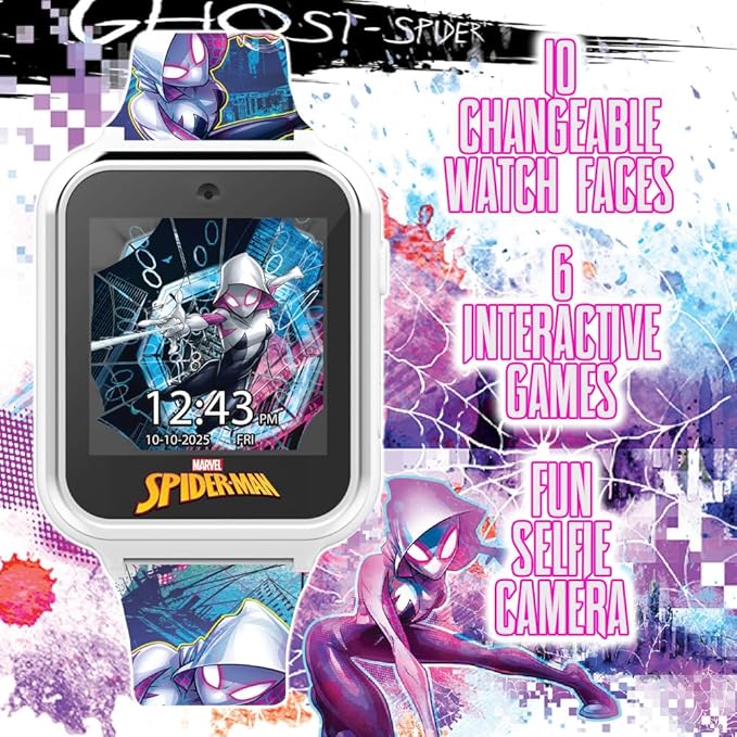 Accutime Spiderman Ghost Spider Educational Learning Touchscreen Kids Smartwatch - Multicolor Strap- Toy - Girls, Boys, Toddlers - Selfie Cam, Games, Alarm, Calculator, Pedometer (Model: SPD4935AZ)