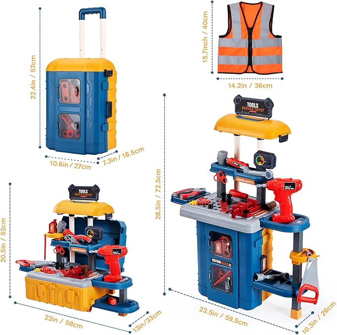 3-in-1 Kids & Toddler Tool Bench with Working Electric Drill - Realistic Construction Toys Learning Set for Ages 2-6, Interactive Workshop Playset for Birthday & Christmas