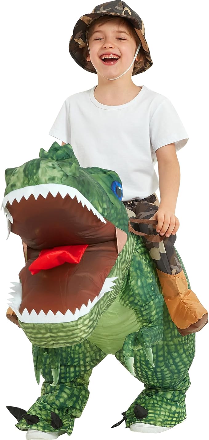 One Casa Inflatable Costume Dinosaur Riding T Rex Air Blow up Funny Party Halloween Costume for Kids
