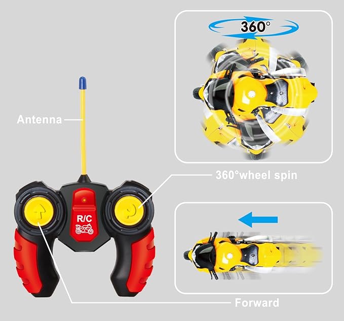 PowerTRC Unleash The Ultimate Racing Thrill | 360 Degree Rotate Spinning RC Race Motorcycle | Remote Control Race Biker with Dazzling Light and Sound Effect for Kids (Yellow)