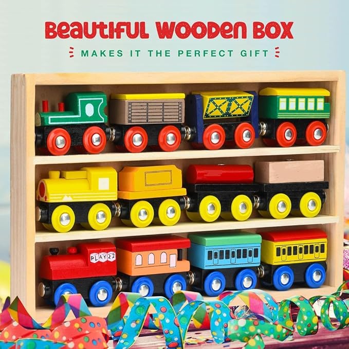 Wooden Train Set 12 PCS - Train Toys Magnetic Set Includes 3 Engines - Toy Train Sets For Kids Toddler Boys And Girls - Compatible With All Major Brands - Original - By Play22