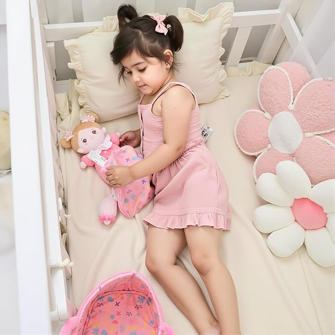OUOZZZ 10" Soft Baby Doll Set with Plush Doll, Bassinet, Blanket and Bottle, Pretend Playset for Emotional Social Education Doll for 2 Year Olds Girls Christmas Birthday Gift Pink