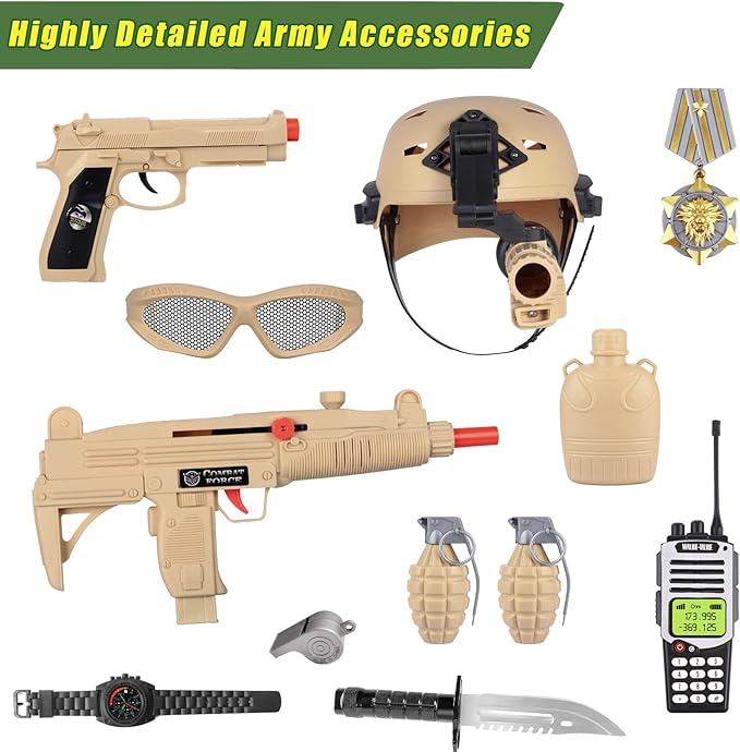 Kids Army Military Combat Soldier Costume Halloween Party Role Play Dress up Birthday Gift Set includes Camouflage Vest, Helmet, and Toy Accessories for 3-8 Years Old Toddlers Boys Girls