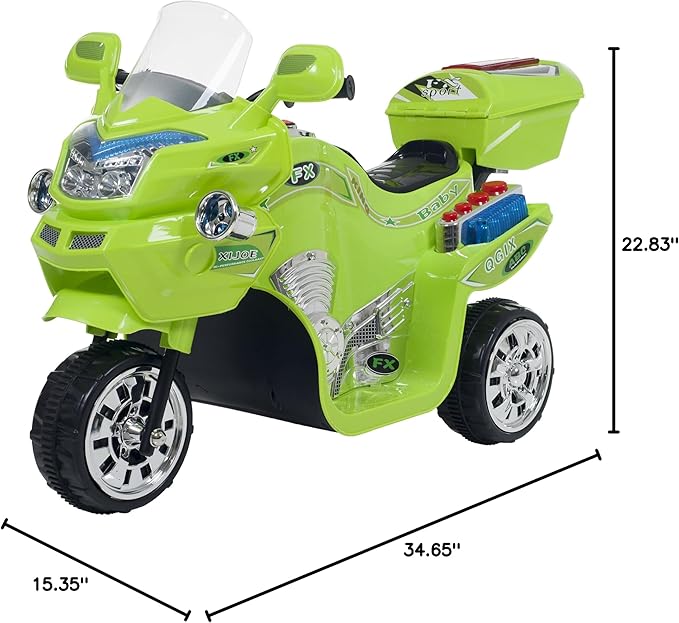 Electric Motorcycle for Kids - 3-Wheel Trike - Battery-Powered Motorbike for Kids Ages 3-6 - Fun Decals, Reverse, and Headlights by Lil’ Rider (Green)