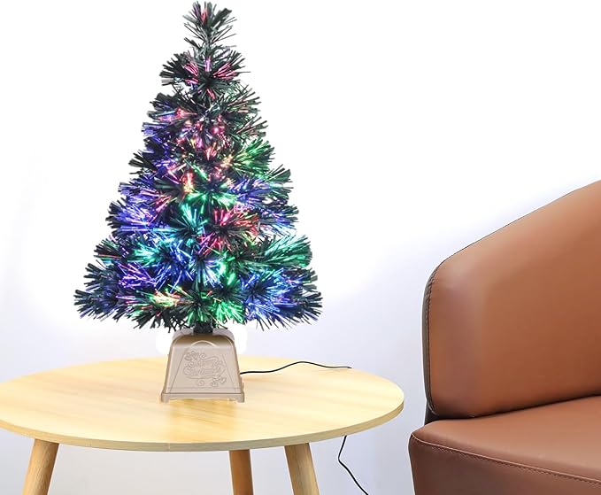 Pre-lit Mini Christmas Tree, Tabletop Artificial Fiber Optic Christmas Trees with Gold Base -24 Inch …