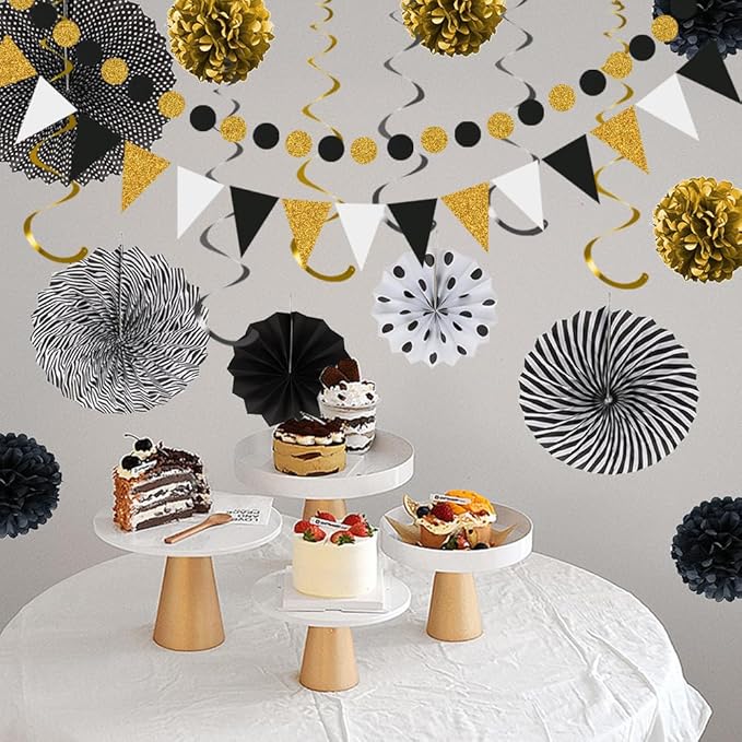 Myafqsj Black and Gold Party Decorations 20Pcs Black and Gold Birthday Decorations Whit Pom Poms Hanging Paper Fans, Hanging Swirls, Pennant, Garland String for Birthday Wedding Party Decorations
