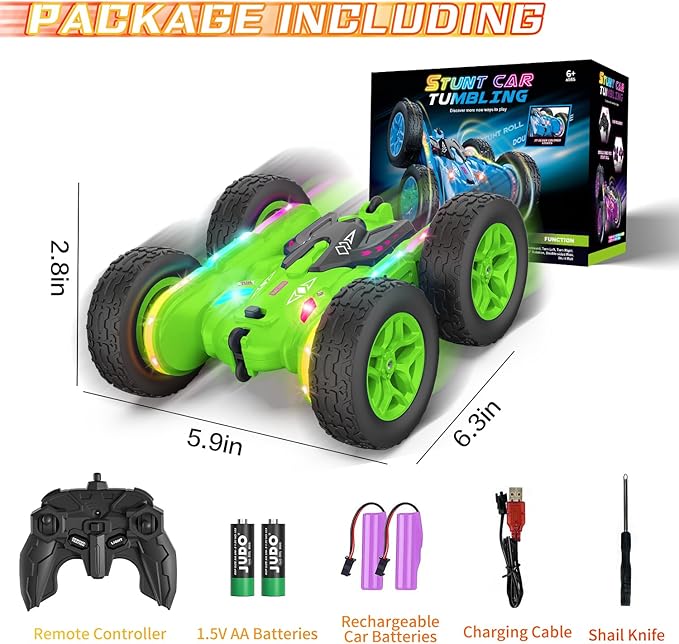 Remote Control Car, Rc Cars Stunt RC Car Toys Upgraded Strip Lights and Headlights Kids Toys Double-Sided 360° Rotating 4WD Drift Truck for Boys Girls Birthday Gift (Green)