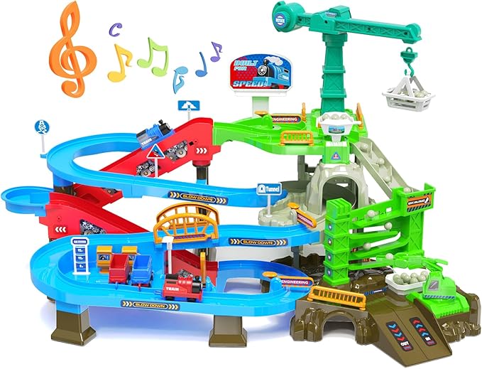64PCS Train Engineering Adventure Track Toy for Kids 3+,Electric Climbing Ladder, Rotating Crane, Multi-Level Obstacles, Realistic Mining World with Parking&Gas Station,Ideal Gift