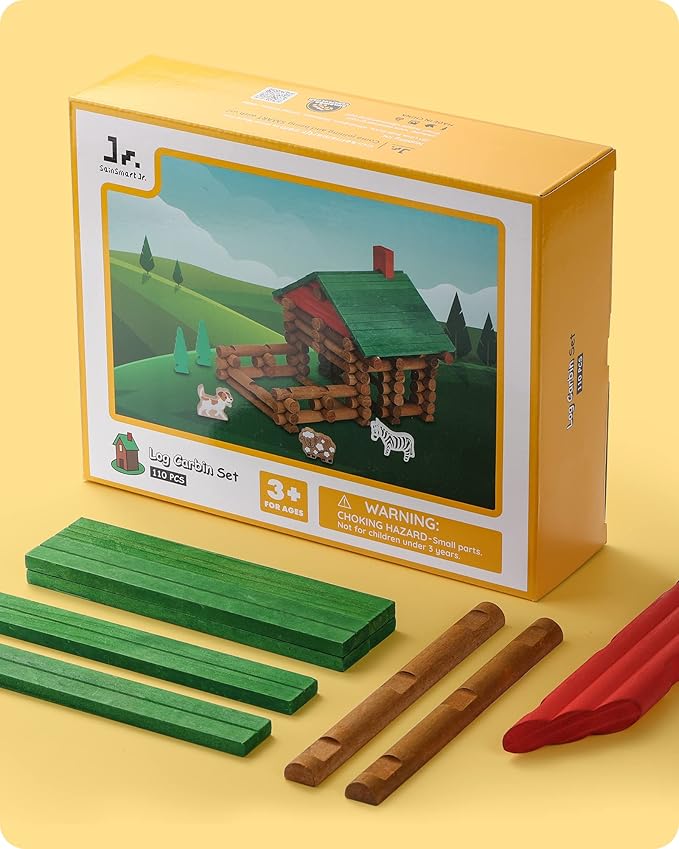 SainSmart Jr. 110 PCS Wooden Log Cabin Set Building House Toy for Toddlers, Classic STEM Construction Kit with Colorful Wood Logs Blocks for 3+ Years Old