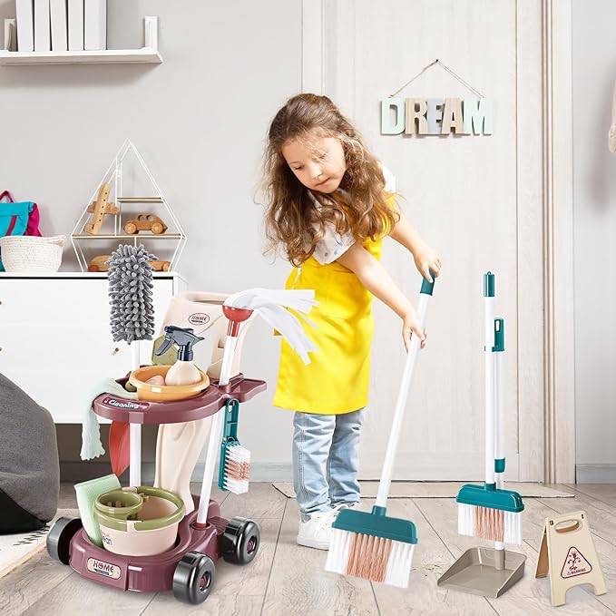 deAO Kids Cleaning Set,Pretend Play Detachable Housekeeping Cart with Broom,Dust Pan,Spray Bottle Children House Cleaning Tools Toys,Educational Toddler Cleaning Carts