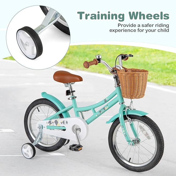 BABY JOY Retro Kids Bike, 12 14 16 18 Inch Child Bike for 3-8 Years Old w/Rattan Basket, Adjustable Height, Training Wheels, Fenders, Handbrake Coaster Brake, 95% Pre-Assembled Kids Bicycle for Girls