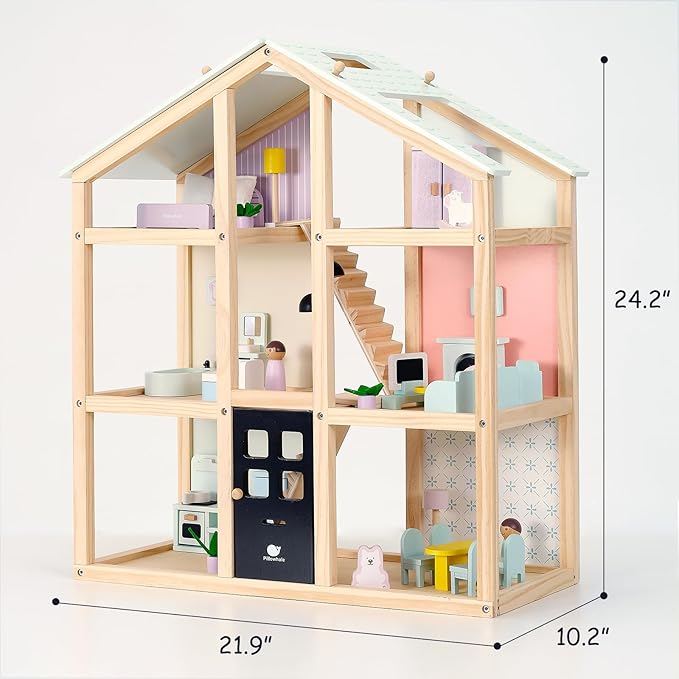Wooden Dollhouse, Doll House with 38Pcs Furniture Accessories,3 Story Large Doll House, 6 Rooms Pretend Dollhouse, Gift for Girl Ages 3+