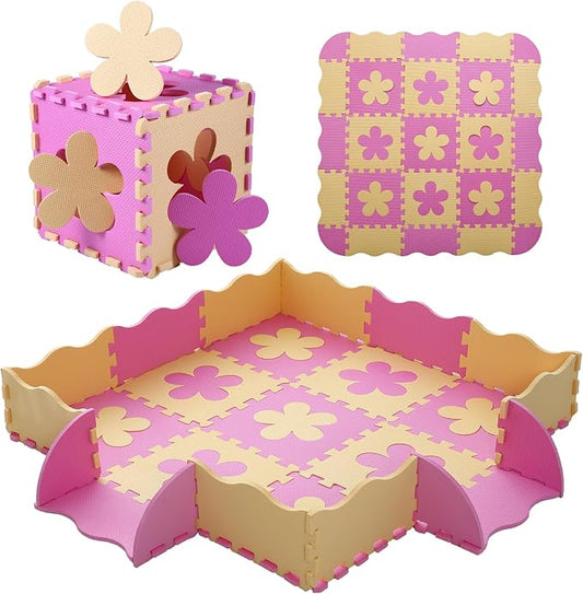 Foam Play Mat for Kids,25Pcs Square Interlocking Puzzle Floor Mat,Baby Play Mat Floor Mat Foam Puzzle Playmat for Toddlers with Fence(Pink Flower-CSH032