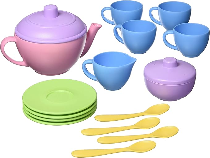 Green Toys Tea Set, Pink 4C - 17 Piece Pretend Play, Motor Skills, Language & Communication Kids Role Play Toy. No BPA, phthalates, PVC. Dishwasher Safe, Recycled Plastic, Made in USA.