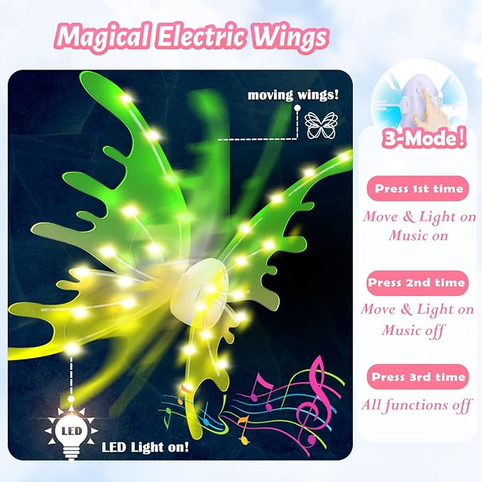 Electric Light Up Butterfly Wings Moving with Music - Princess Costume Crown Wand Dress Up, Princess Toys for Kids Ages 3-6 5-7 as Halloween Valentine Birthday Christmas Party Gifts
