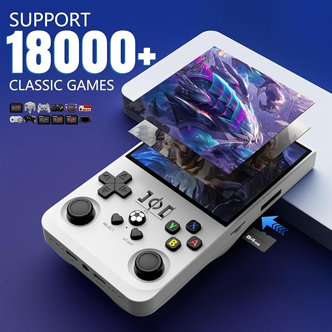 R36MAX Retro Handheld Game Console, 18000+ HD Games Mini Retro Video Console, 4.0 Inch IPS Screen, 64GB Memory, Portable Arcade Video Gaming Console Gift for Adults, Light White