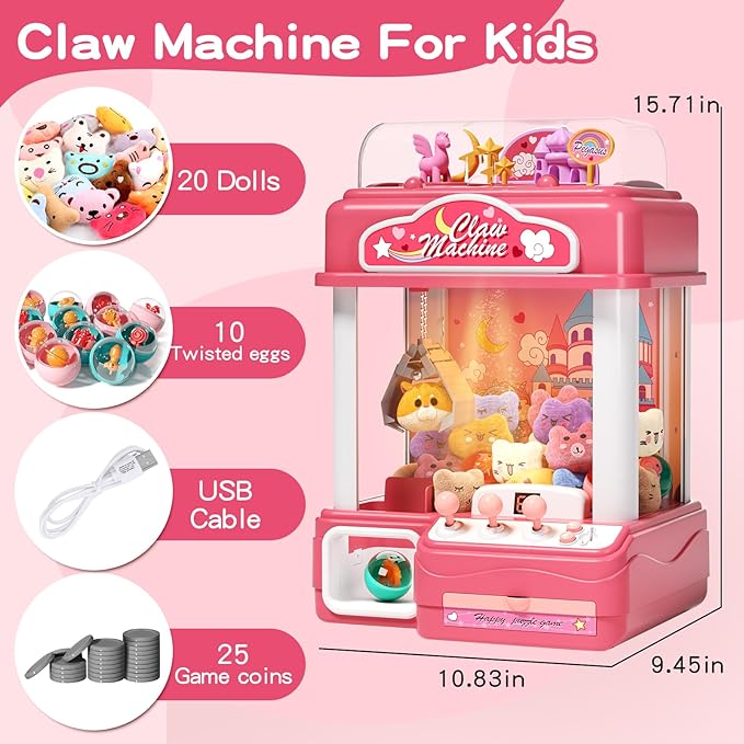 55 PCS Large Kids Claw Machine, Candy Vending Grabber, Prize Dispenser Toys for Girls Boys with Lights Sound, Electronic Claw Game Machine Toys for 3 4 5 6 7 8 Years Old Girls