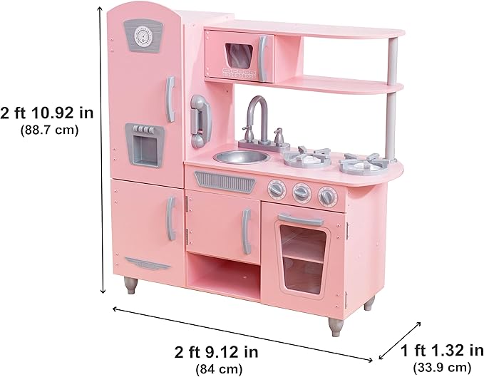 KidKraft Vintage Wooden Play Kitchen with Pretend Ice Maker and Play Phone, Pink