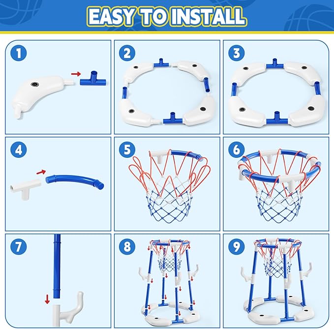 Pool Basketball Hoop, Floating Game with 6 Balls & Pump, Kids Pool Toys for Outdoor Summer Fun, Adjustable Height for Ages 4-8-12, Family Swimming Pool Accessory(Blue)