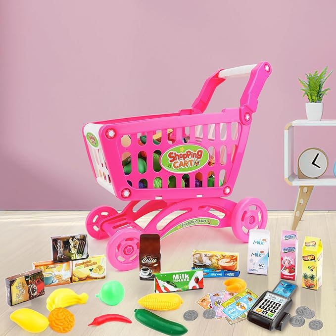 deAO Kids Shopping Cart with Food Shopping Trolley Basket for Toy Shop Kitchen 65 PCS Play Food Role Play Educational Toy (Pink)