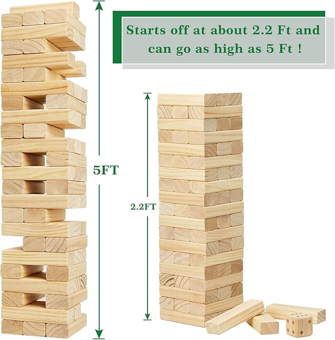 Olsa Giant Tumble Tower 60 PCS Wooden Block Stacking Games with Carrying Bag Classic Indoor & Outdoor Games for Kids Adults Family Backyard Lawn Beach Camping (Stack from 2.2 Ft to 5Ft)