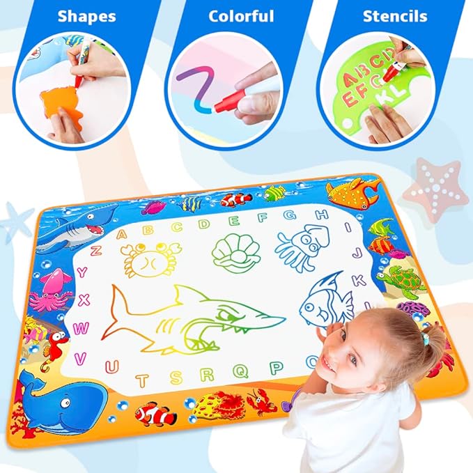 Water Doodle Mat - Kids Painting Writing Color Doodle Drawing Mat Toy Bring Magic Pens Educational Toys for Age 2 3 4 5 6 7 Year Old Girls Boys Age Toddler Gift