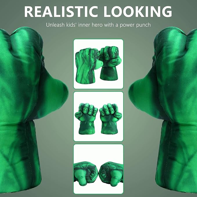 PROVAINT Superhero Gloves Toy Fists for Kids – Soft Plush Costume Accessories for Pretend Play, Cosplay, Dress Up – Boys & Girls Gift for Christmas, Halloween, Birthday (1 Pair, Green)