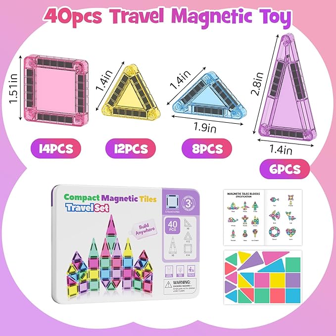 Mini Magnetic Tiles with Iron Box, 40PCS Travel Size Magnet Building Blocks Toy Set, Protable Construction Block Sensory Toys Preschool Toddler Boy Girls Age 3+ STEM Educational Learning Kit