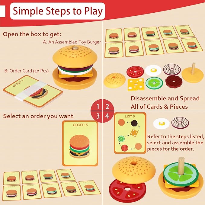 Toddler Montessori Toys for 3 4 5 Year Old Boy Girl, Pretend Play Toy Fake Food for Ages 3-5 Kids Gifts, Stacking Wooden Building Blocks Educational Puzzles Games for Preschool Classroom (Hamburger)