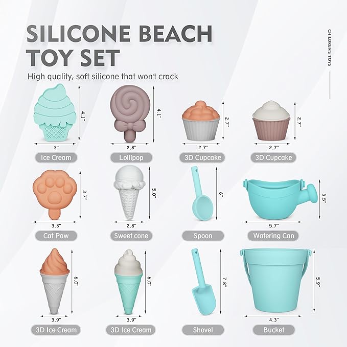 MarcZero 17Pcs Silicone Beach Toys,Modern Baby Beach Toys,Travel Friendly Beach Set,Silicone Bucket, Watering Can, Shovel, 12 Sand Molds, Beach Bag,Silicone Sand Toys for Toddlers, Kids (Mint Green)