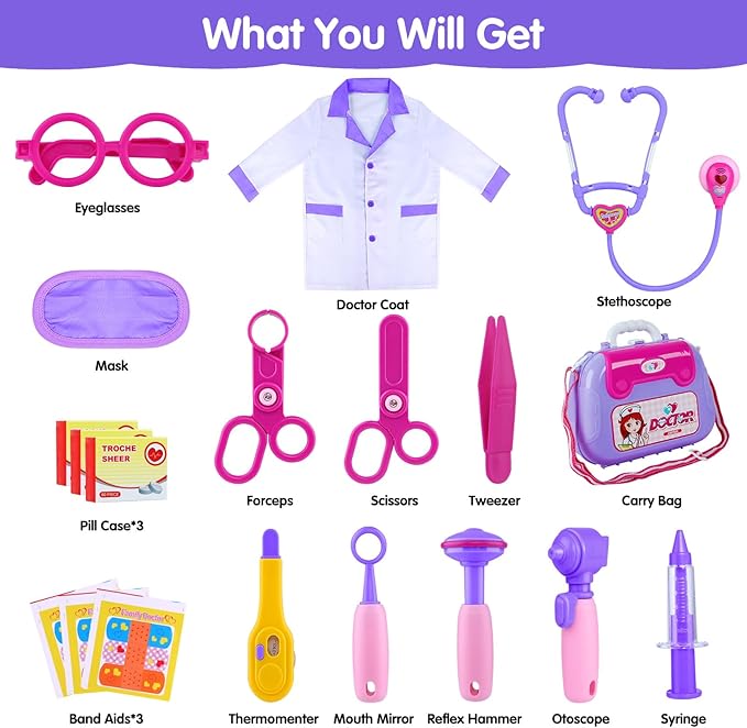 GINMIC Doctor Kit for Toddlers 3-5, 22 Pieces Pretend Play Doctor Set with Halloween Role Play Doctor Costume and Carry Case for Toddlers and Kids, Medical Dr Kit Toys for Girl Age 3 4 5 6 7 Year Old