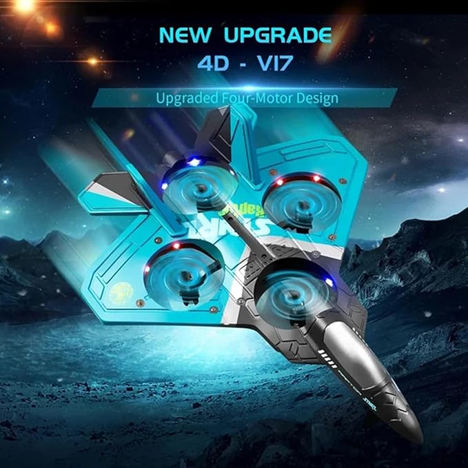 V17 Jet Fighter Stunt RC Airplane,V17 Remote Control Plane 2.4Ghz Foam RC Airplanes Helicopter quadcopter for Adults Kids,Spinning Drone,Gravity Sensing,Stunt Roll,Cool Light (Blue+2pcs Battery)