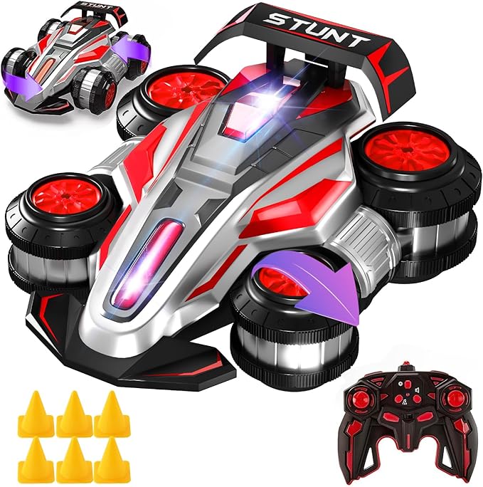 1:14 Drift Remote Control Car 2.4GHz 4WD RC Cars Rotating 360 Degrees Vehicle Toys with Lights Music, Upright Walking Four-Wheeled Rollover Stunt Car Gifts for Boys Girls 6-12 Year(Red)