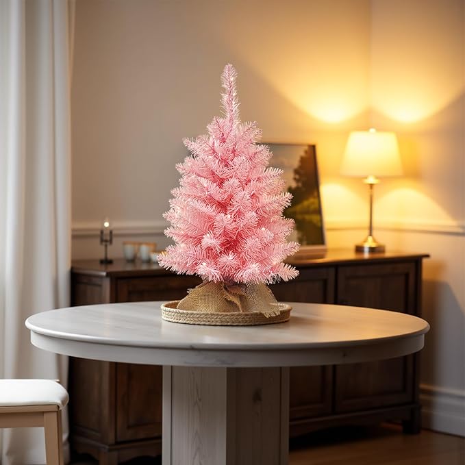 Small Christmas Tree with Lights,2ft Pre Lit Artificial Mini Xmas Tree for Tabletop,Outdoor,Bedroom,Office Decorations,Includes 50 Led Warm Lights,73 PVC Branch Tips,Pink(Battery Operated)