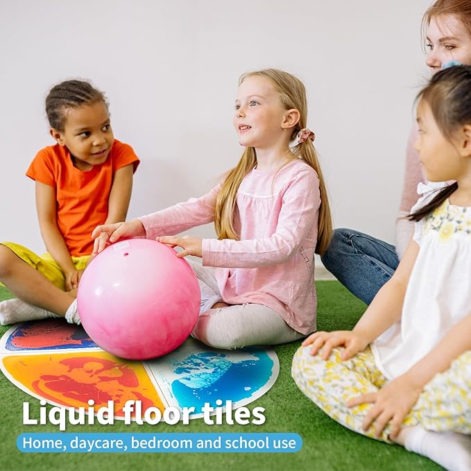 Art3d 4-Pack Colorful Liquid Sensory Floor Tiles, Fan-Shaped Liquid Fusion Sensory Dance Mats for Kid Toddler, 13" x 13"