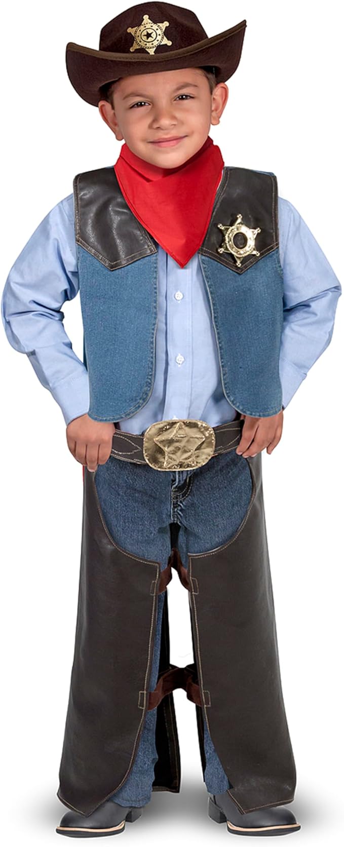 Melissa & Doug Cowboy Role Play Costume Set (5 pcs) - Includes Faux Leather Chaps - Cowboy Dress-Up Role Play Costume With Vest For Boys And Girls