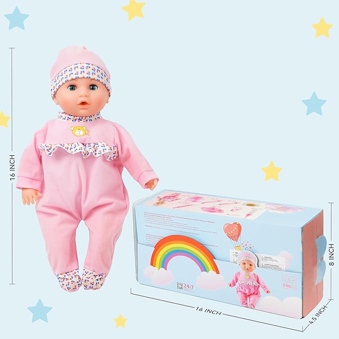 SMILESSKIDDO Interactive Baby Doll Pink - 16 Inch Crying Talking Feeding Dolls with Different Sounds and Accessories, Pretend Play Preschool Toys for 2 3 4 5+ Year Old Girls Boys Gift