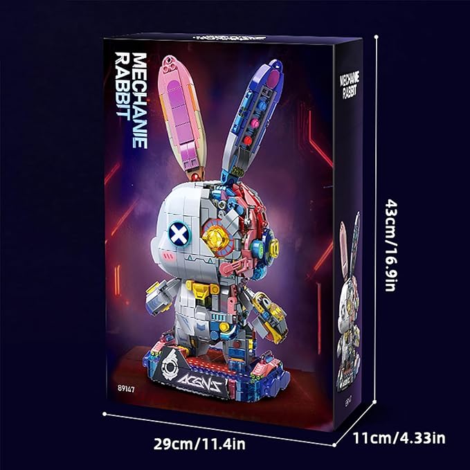 Mechanical Rabbit Building Set - Punk Style Animal Collection Toy Robot Bunny Sets with LED Light Neon Style Collectible Building Toy Home Decor Gift for Boys Girls Adults Teens Kids Ages 12+, 1377PCS