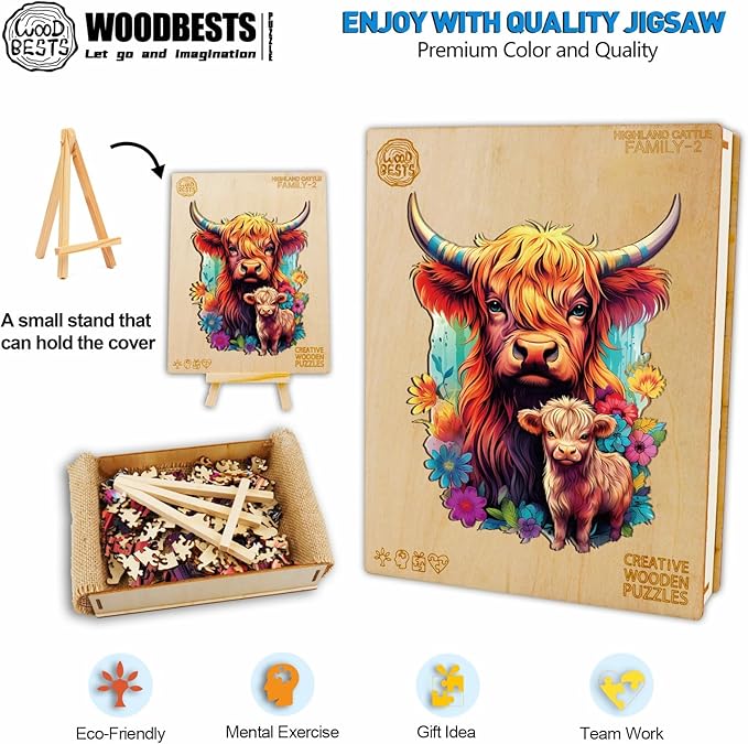 WOODBESTS Wooden Puzzle for Adults, Highland Cattle Family Puzzle (M, 170pcs, 9.2"x11.4") Beautiful Wooden Box, Wooden Jigsaw Puzzles Unique Shape, Birthday Gifts for Adults and Kids Family Game
