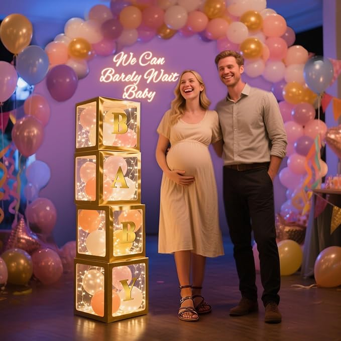 Ledido Baby Boxes with Letters for Baby Shower Decorations, 4 pcs Clear Balloon Boxes Blocks Decor with LED Fairy String Lights for Boy Girl Gender Reveal Decorations Backdrop Party (Gold)