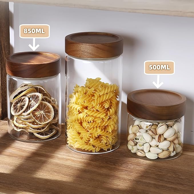 28 Fl oz/850 ml Glass Food Storage Jar, Premium Clear Glass Container Jar with Airtight Wooden Screw Lid, Kitchen Canisters for Coffee,Tea,Pasta,Cookies, Nuts,Spice,Candy,Overnight Oatmeal(Medium)