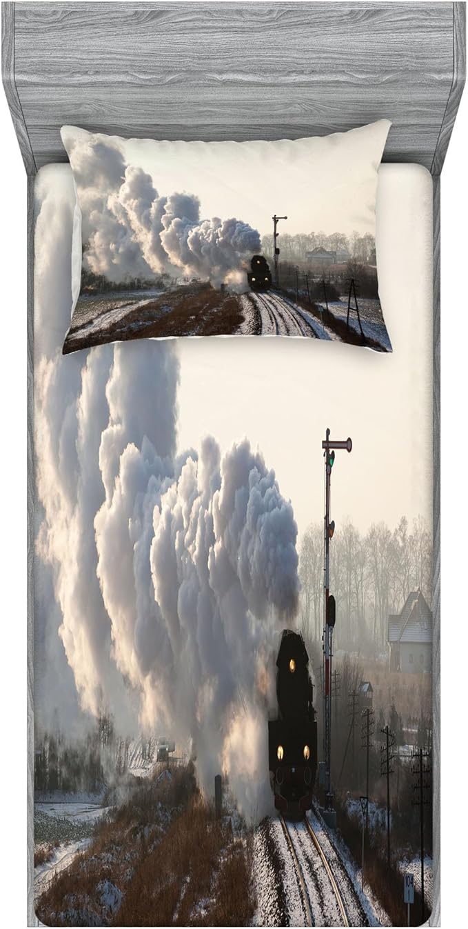 Ambesonne Steam Engine Fitted Sheet & Pillow Sham Set, Train on Rails Winter Snow Landscape Steel Industrial Theme Rural Town Print, Decorative Printed 2 Piece Bedding Decor Set, Twinxl, Dimgrey