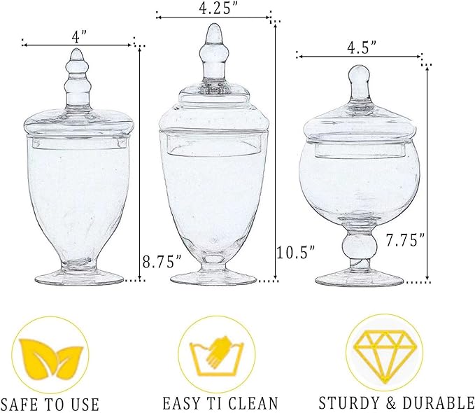Apothecary Jars Glass Decorative Candy Jars, Buffet Display, Elegant Storage Jar, Decorative Wedding Candy Organizer Canisters 3 Pack