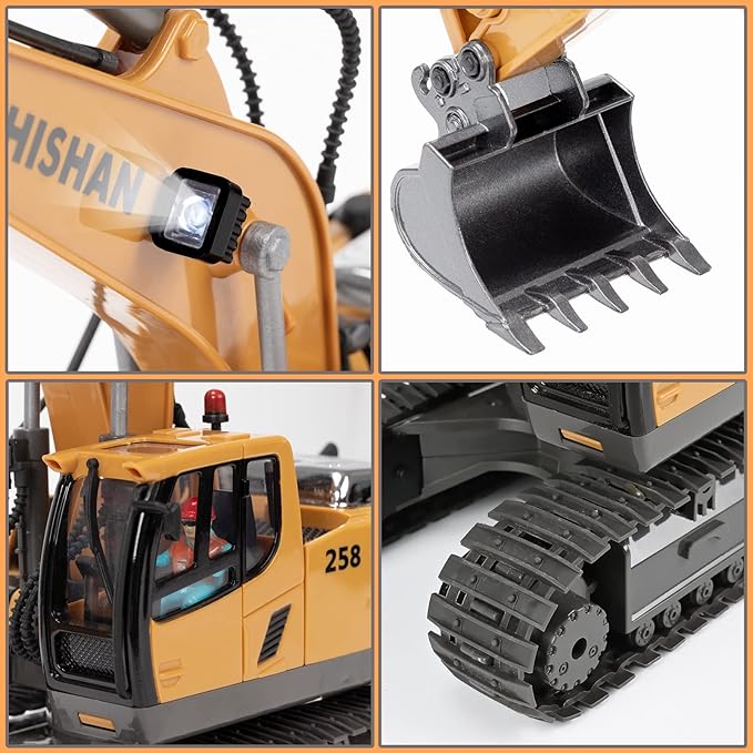 Remote Control Excavator Toys for Boys Turns 680-degree 2 Batteries Metal Shovel Lights/Sounds Construction Toys Birthday Gifts Boy Toys for 3 4 5 6 7 8 Years Old
