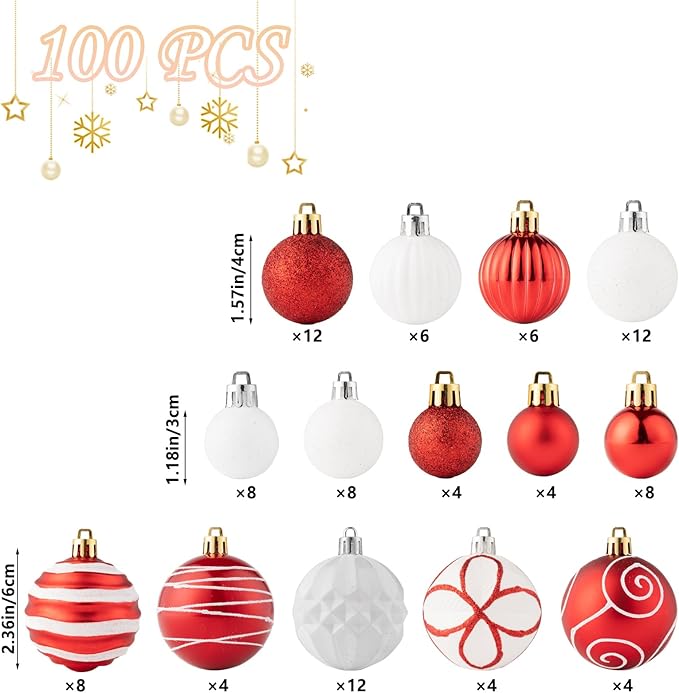 100Pcs Christmas Ball Ornaments Set, Shatterproof Plastic Red and White Christmas Ornaments for Xmas Tree, Assorted Baubles Hanging Decorations for Holiday/Party/Wedding