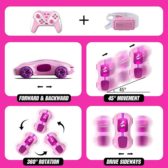Gesture Sensing Remote Control Car, Drift RC Stunt Car with Light Spray & Sound, 2.4GHz Hobby RC Cars Toy for Kids, 360° Rotate, Birthday Gifts for Boys Girls 6-12(Pink)